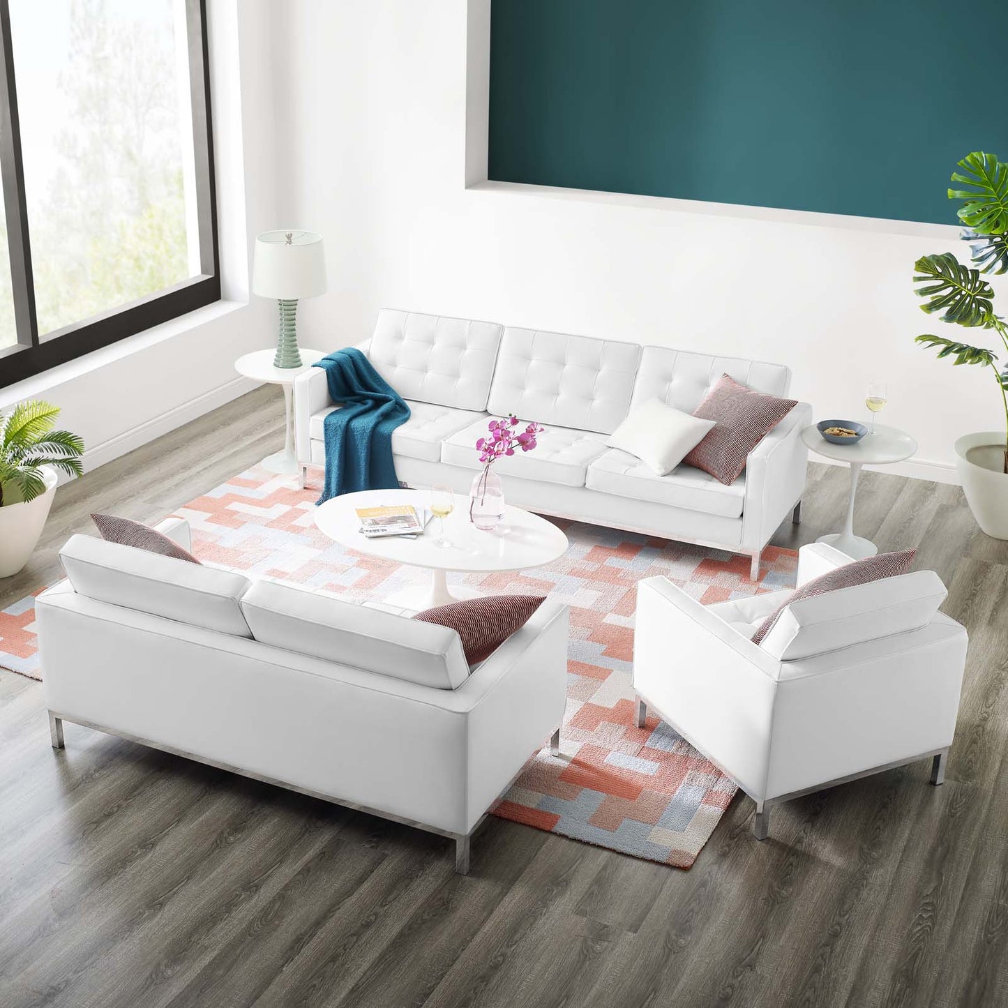 Loft Tufted Upholstered Faux Leather 3 Piece Set, Faux Leather, Silver White, 19251