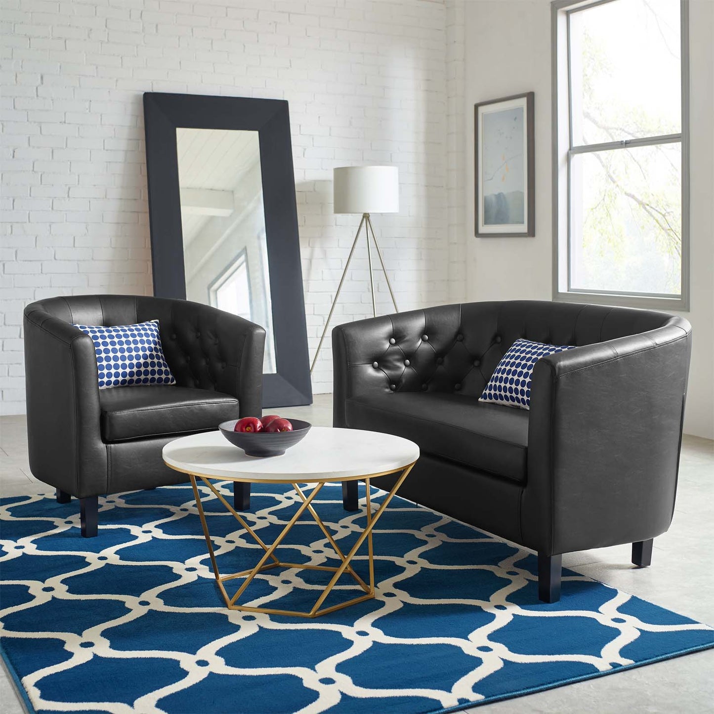 Prospect Upholstered Vinyl Loveseat and Armchair Set, Faux Leather, Black, 19252