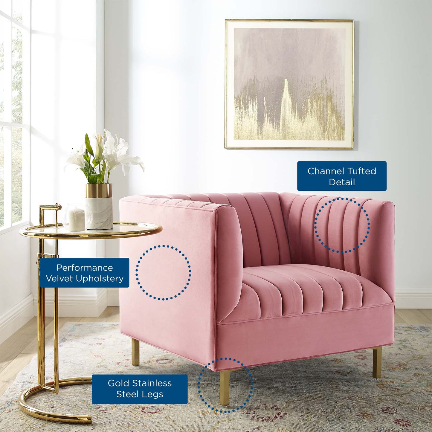 Shift Channel Tufted Performance Velvet Armchair, Velvet, Pink, 19288