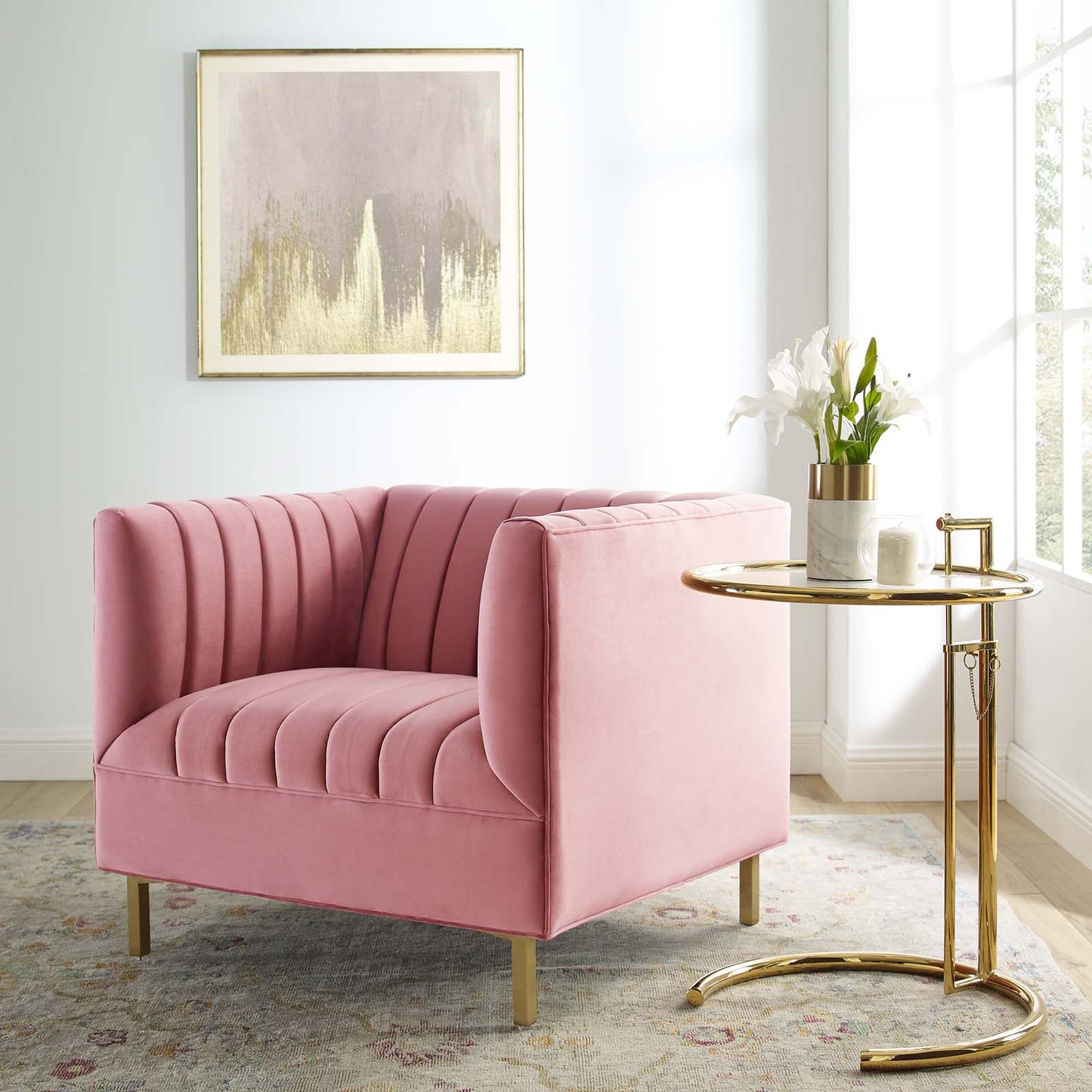 Shift Channel Tufted Performance Velvet Armchair, Velvet, Pink, 19288