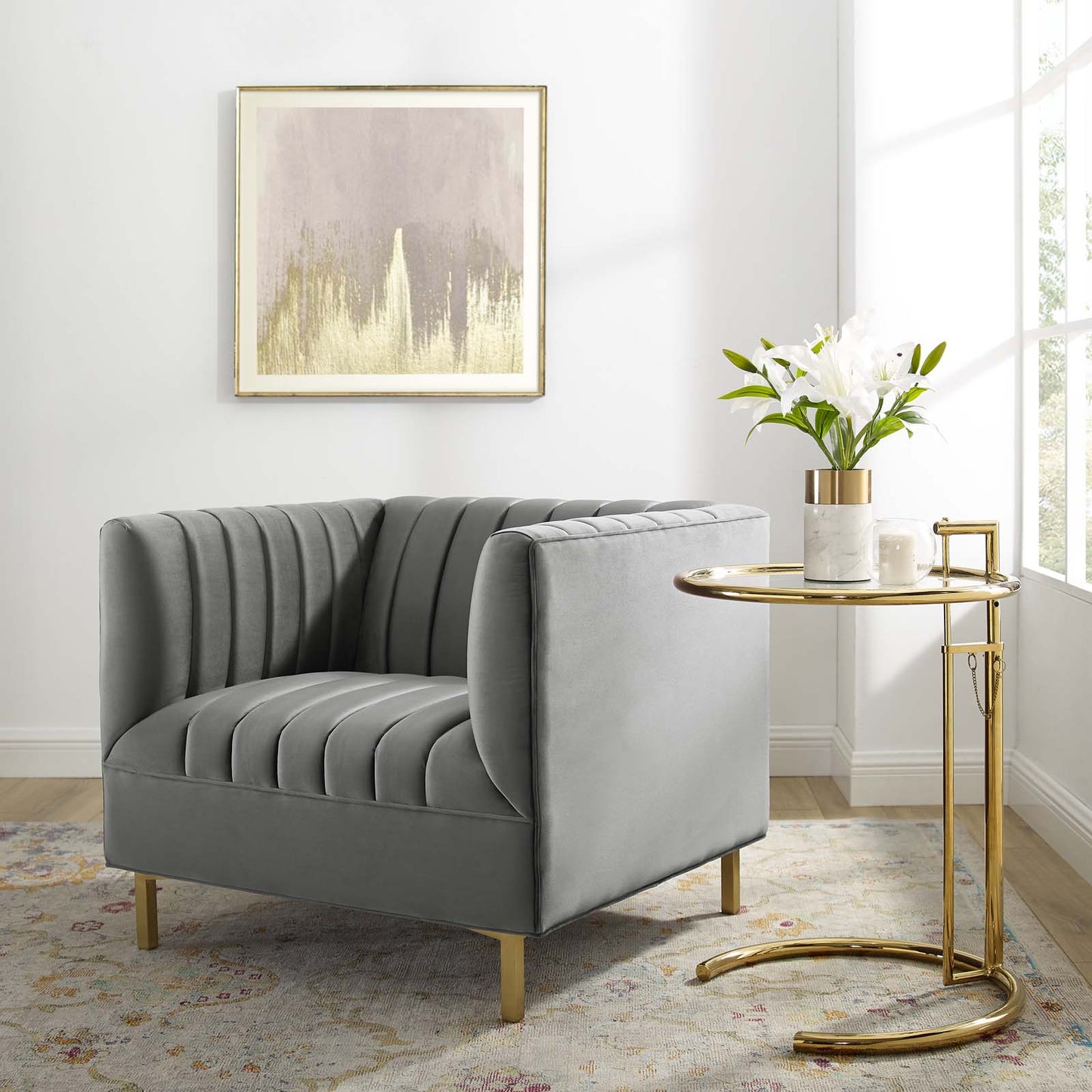 Shift Channel Tufted Performance Velvet Armchair, Velvet, Grey Gray, 19289