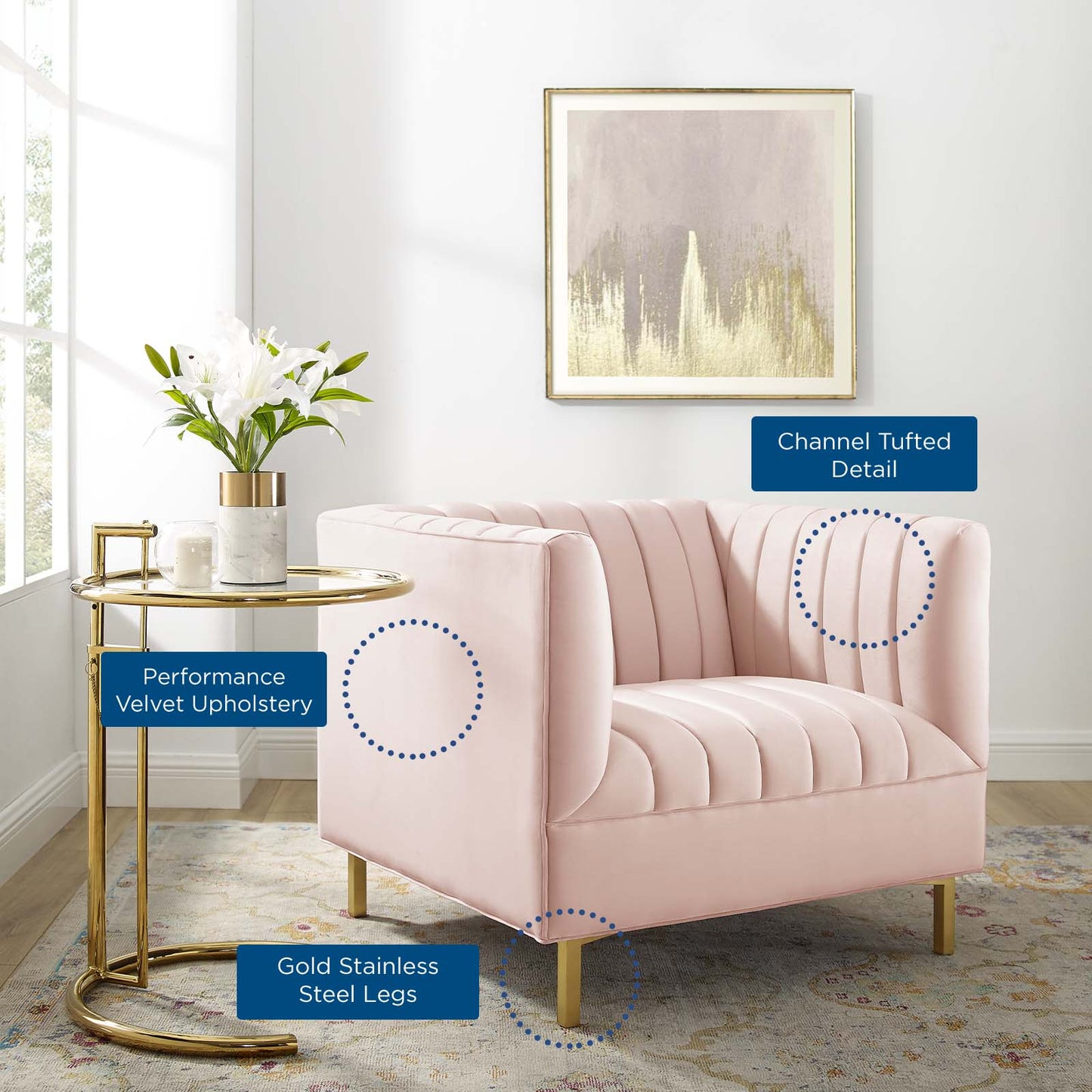 Shift Channel Tufted Performance Velvet Armchair, Velvet, Pink, 19291