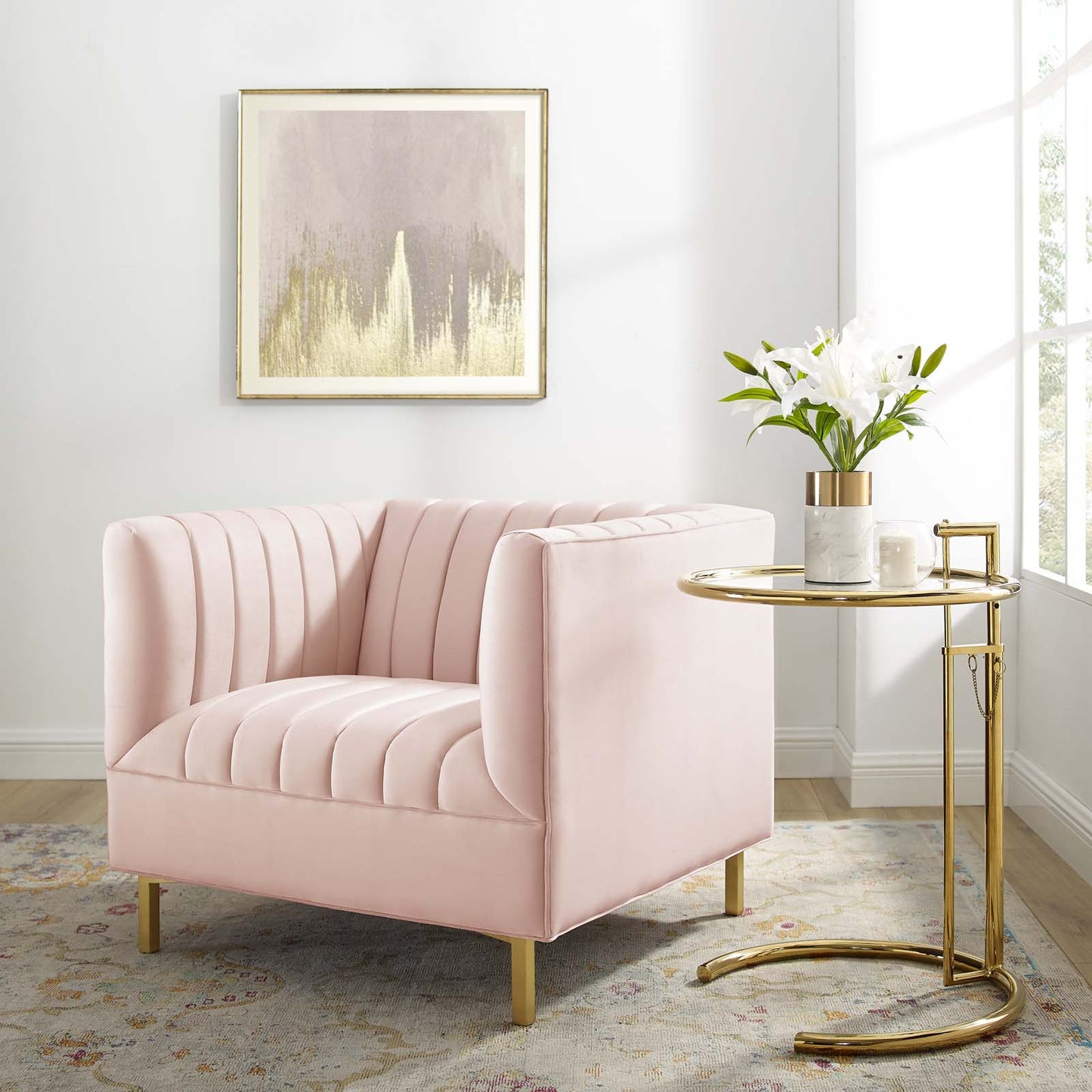 Shift Channel Tufted Performance Velvet Armchair, Velvet, Pink, 19291