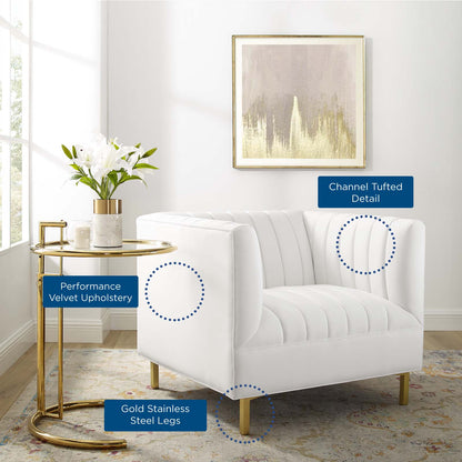 Shift Channel Tufted Performance Velvet Armchair, Velvet, White, 19292
