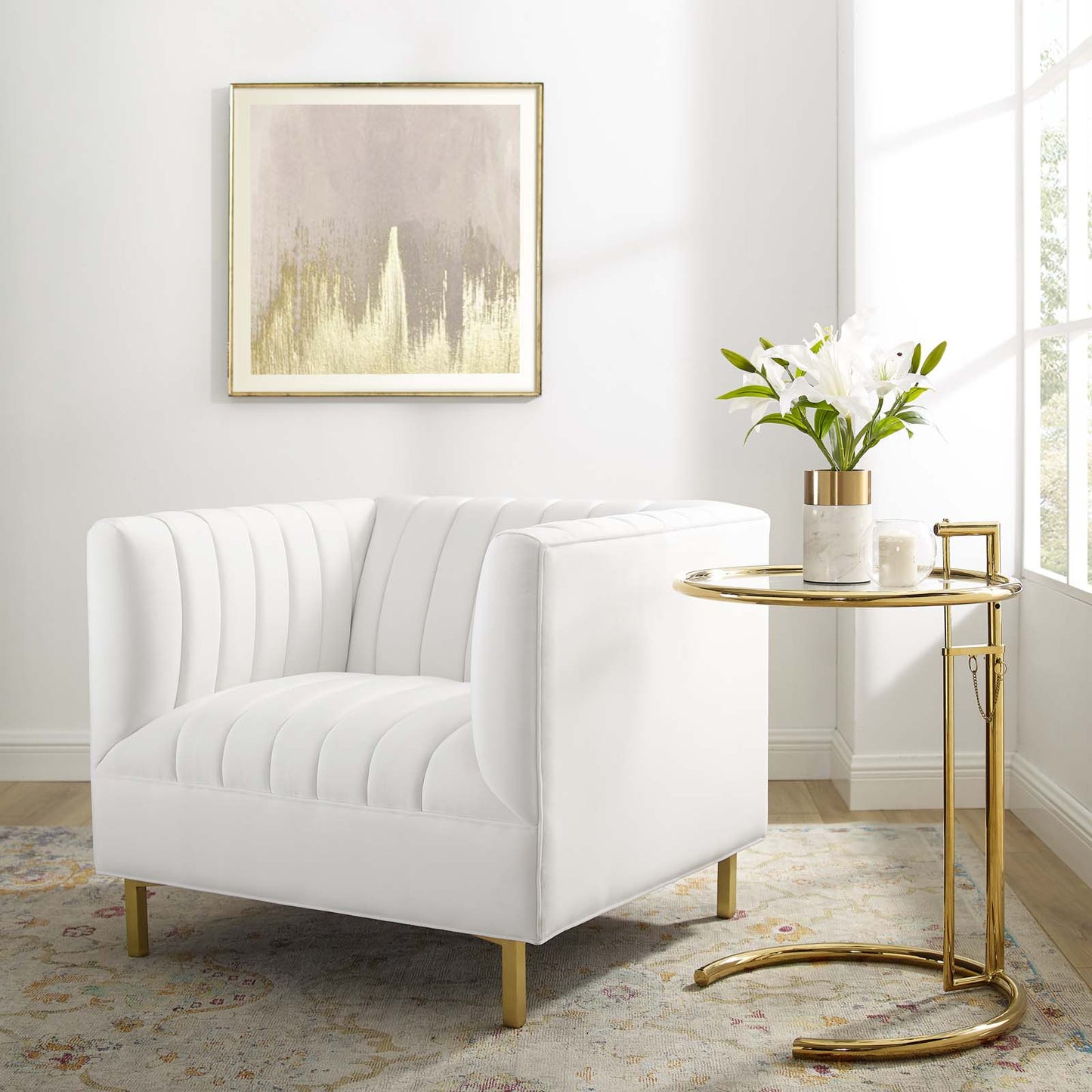 Shift Channel Tufted Performance Velvet Armchair, Velvet, White, 19292