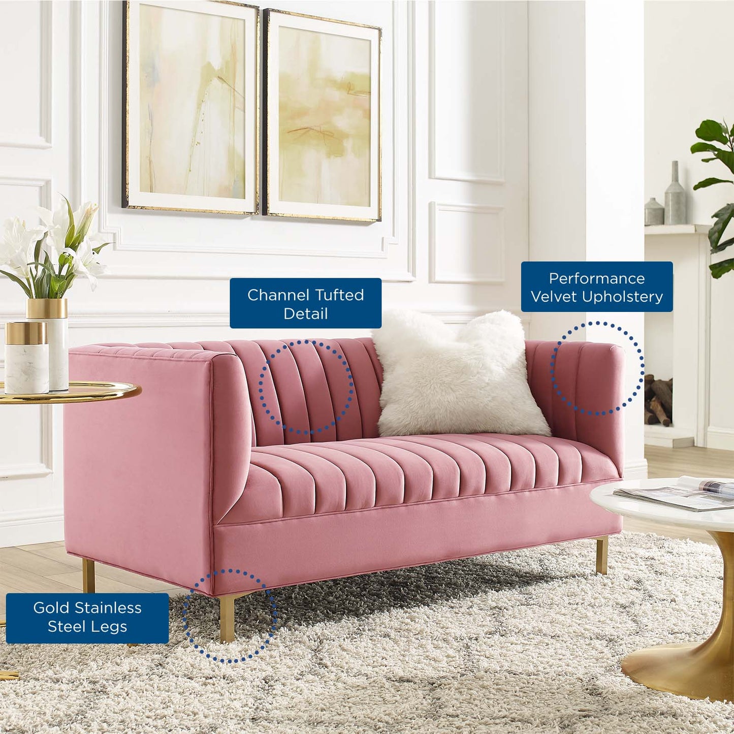 Shift Channel Tufted Performance Velvet Loveseat, Velvet, Pink, 19293