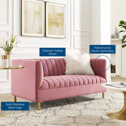 Shift Channel Tufted Performance Velvet Loveseat, Velvet, Pink, 19293