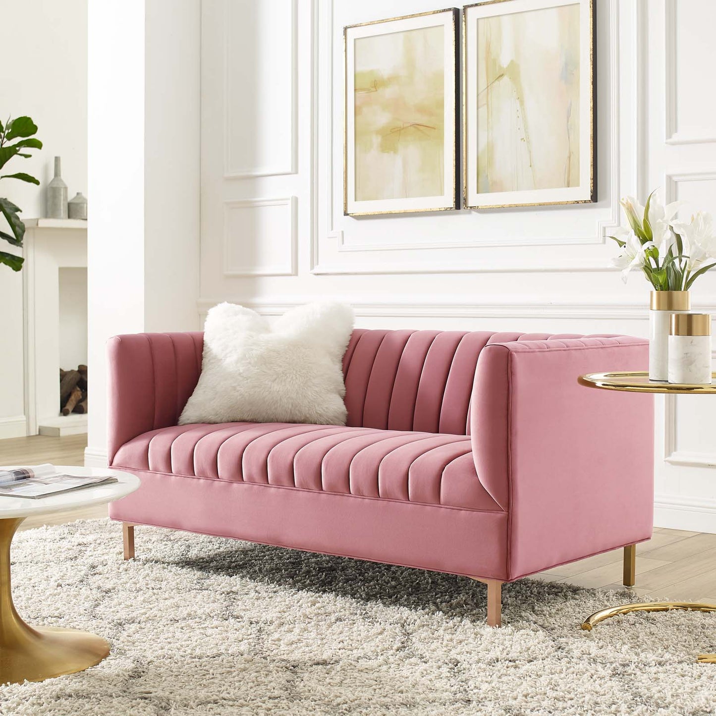 Shift Channel Tufted Performance Velvet Loveseat, Velvet, Pink, 19293