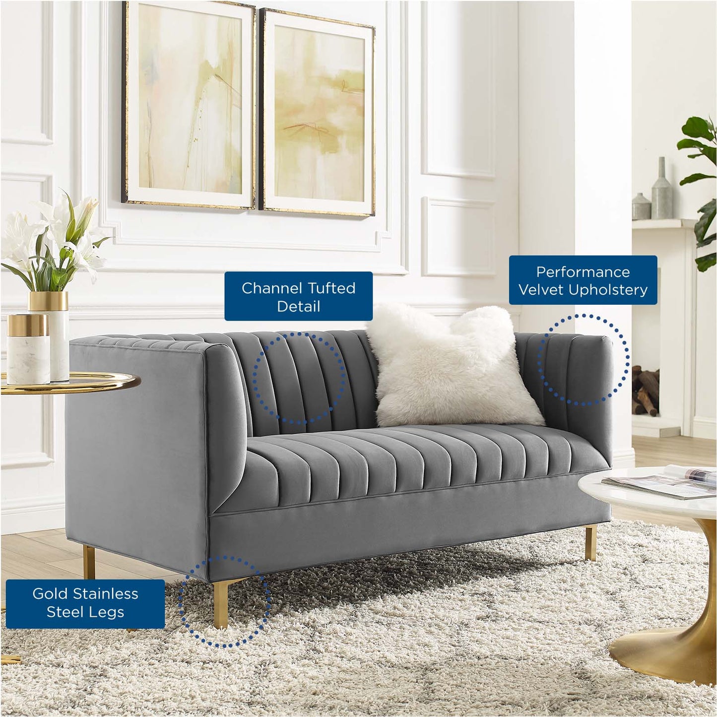 Shift Channel Tufted Performance Velvet Loveseat, Velvet, Grey Gray, 19294