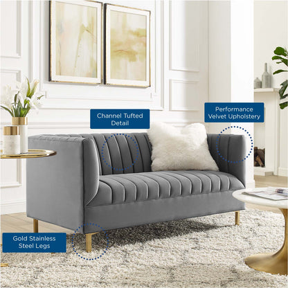 Shift Channel Tufted Performance Velvet Loveseat, Velvet, Grey Gray, 19294