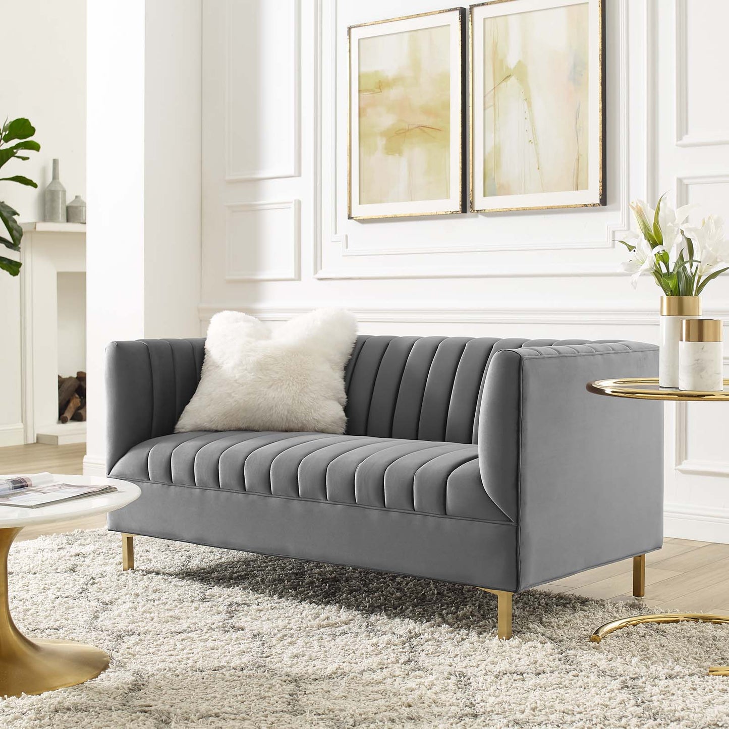 Shift Channel Tufted Performance Velvet Loveseat, Velvet, Grey Gray, 19294