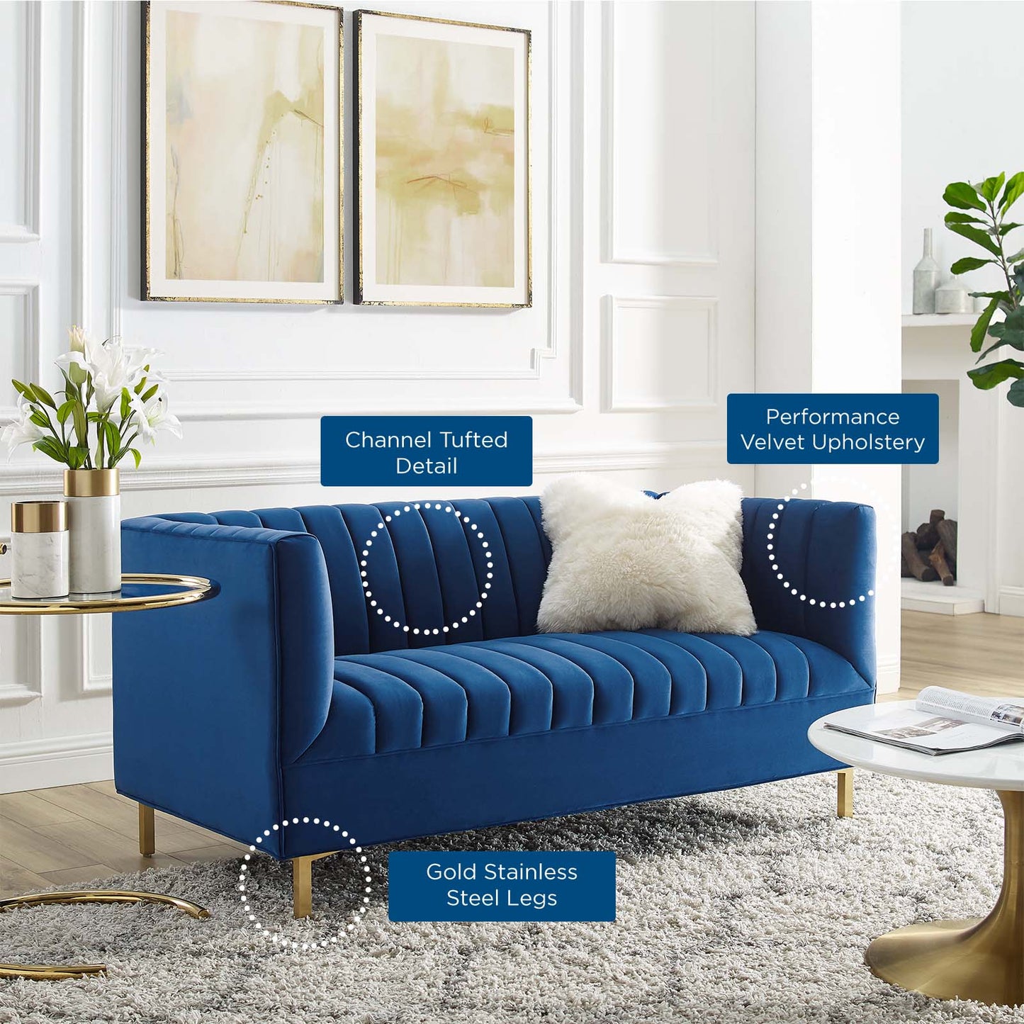 Shift Channel Tufted Performance Velvet Loveseat, Velvet, Blue Navy, 19295
