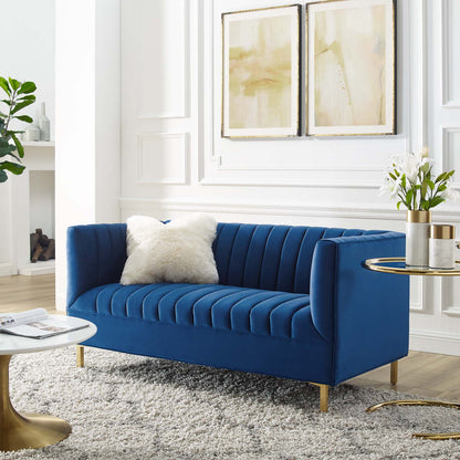 Shift Channel Tufted Performance Velvet Loveseat, Velvet, Blue Navy, 19295