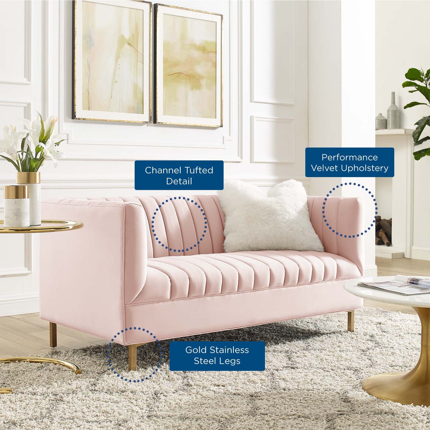Shift Channel Tufted Performance Velvet Loveseat, Velvet, Pink, 19296