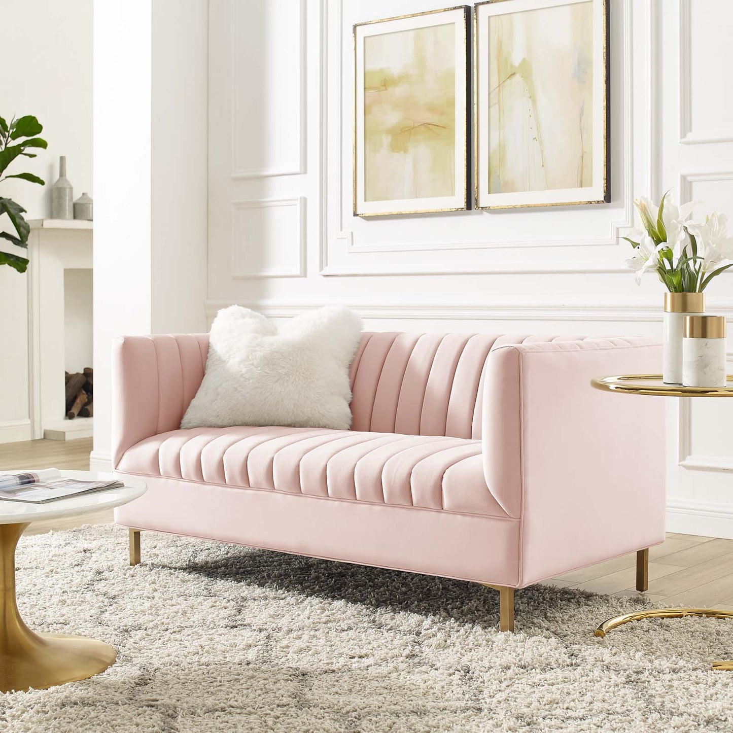 Shift Channel Tufted Performance Velvet Loveseat, Velvet, Pink, 19296