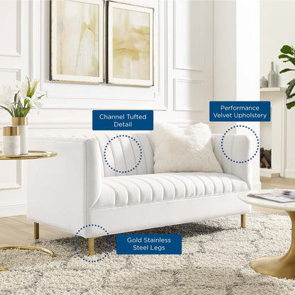 Shift Channel Tufted Performance Velvet Loveseat, Velvet, White, 19297