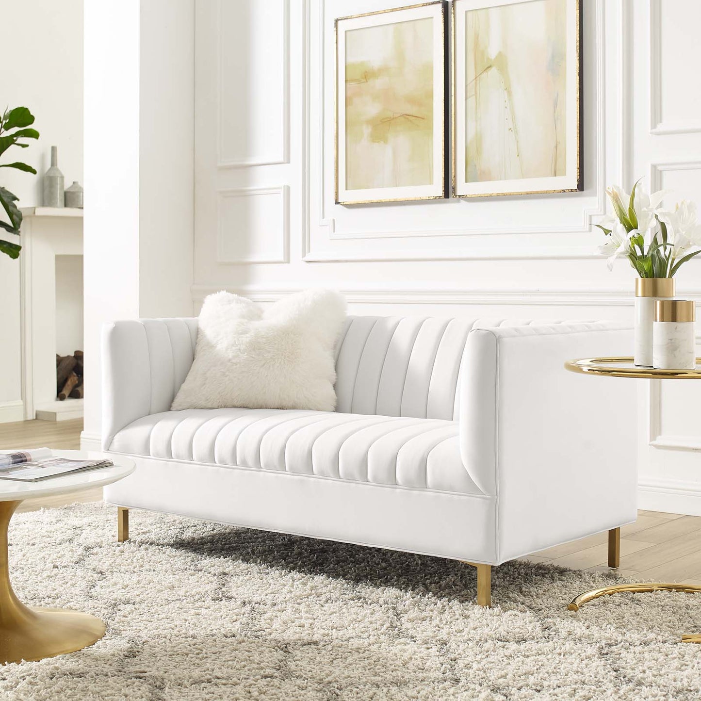 Shift Channel Tufted Performance Velvet Loveseat, Velvet, White, 19297