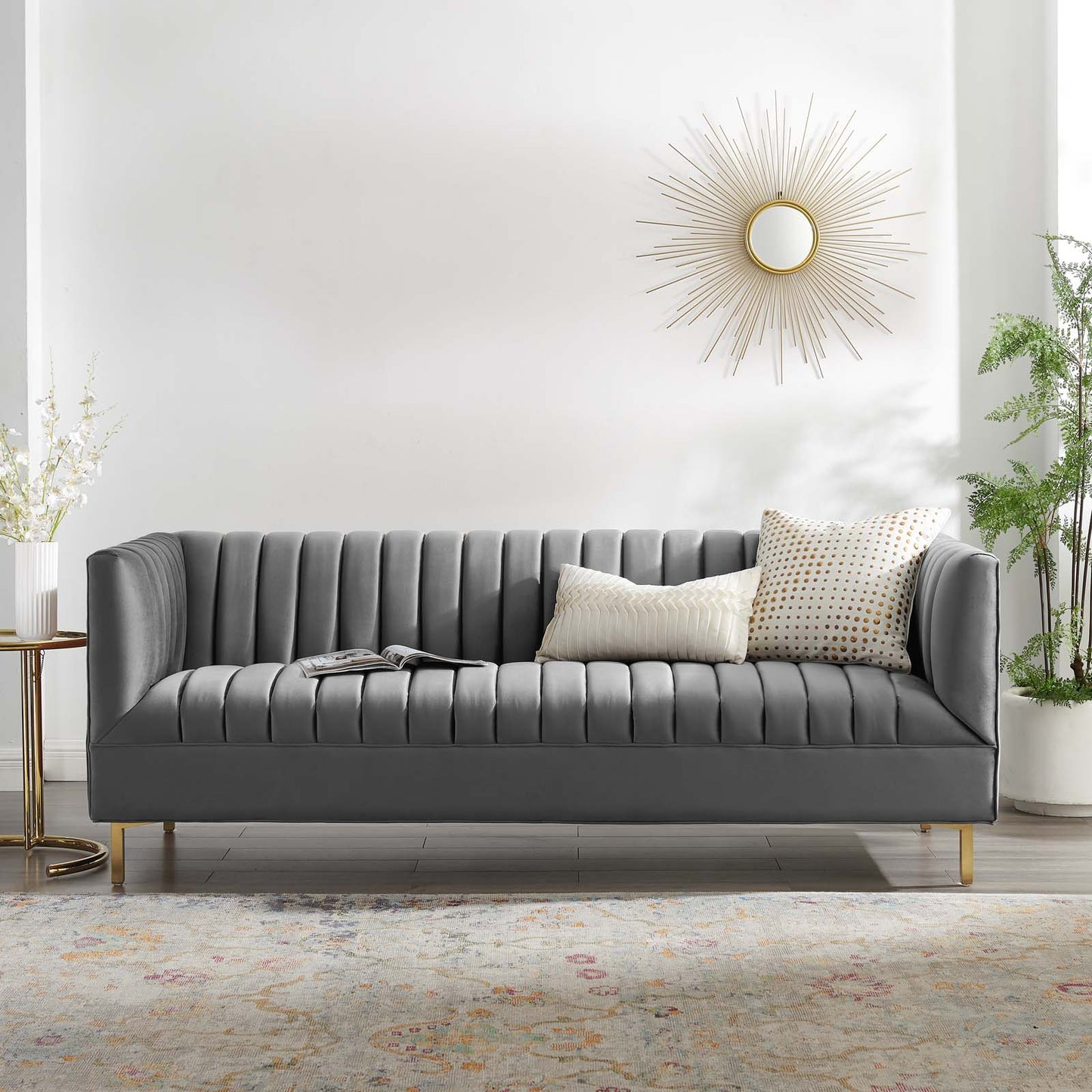 Shift Channel Tufted Performance Velvet Sofa, Velvet, Grey Gray, 19299