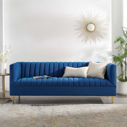Shift Channel Tufted Performance Velvet Sofa, Velvet, Blue Navy, 19300