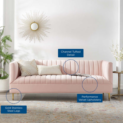 Shift Channel Tufted Performance Velvet Sofa, Velvet, Pink, 19301