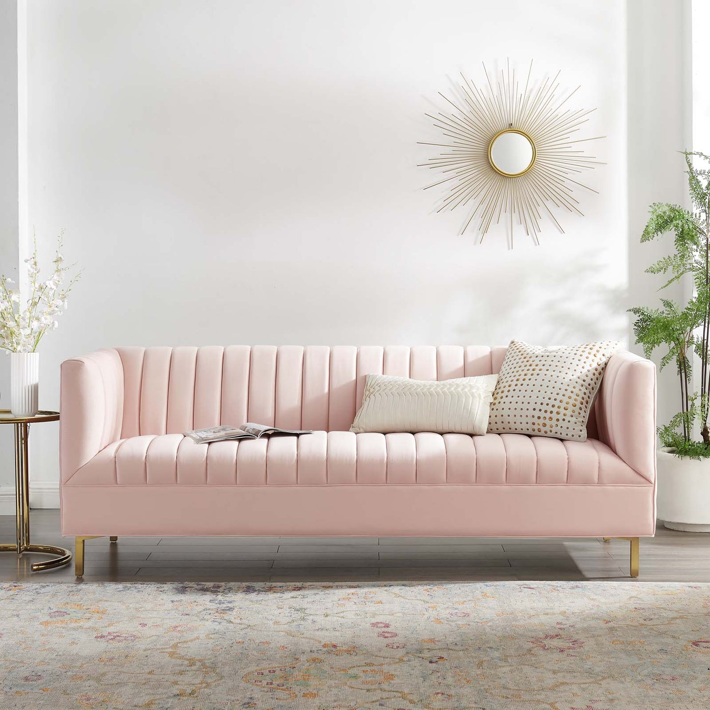 Shift Channel Tufted Performance Velvet Sofa, Velvet, Pink, 19301