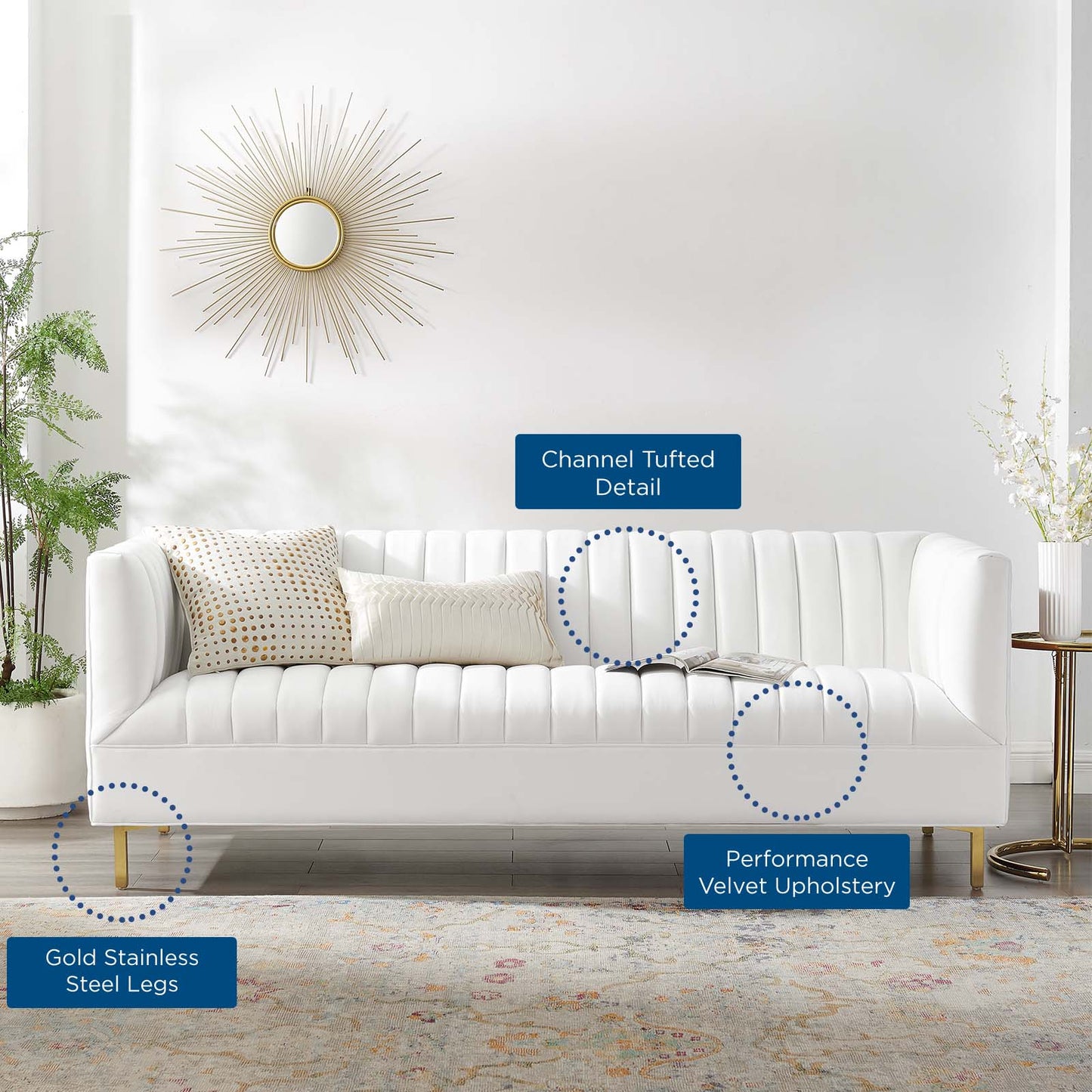 Shift Channel Tufted Performance Velvet Sofa, Velvet, White, 19302