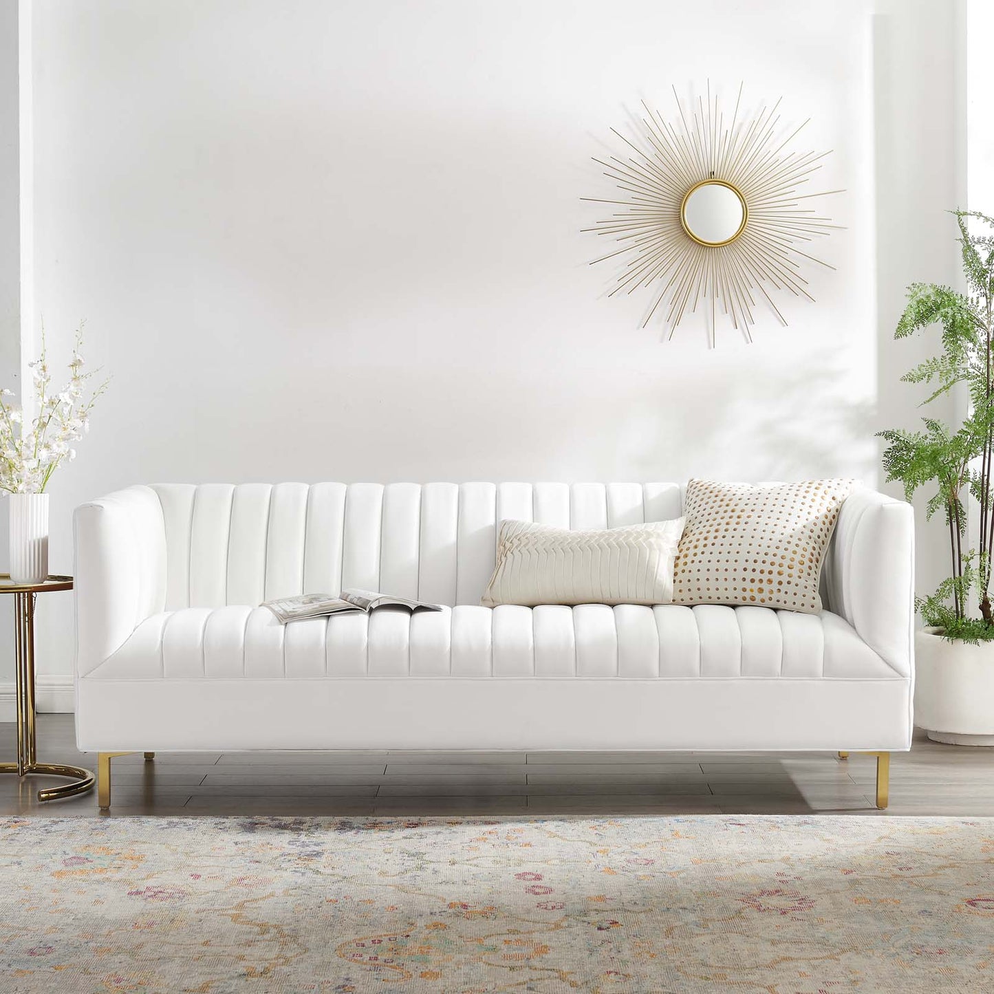 Shift Channel Tufted Performance Velvet Sofa, Velvet, White, 19302