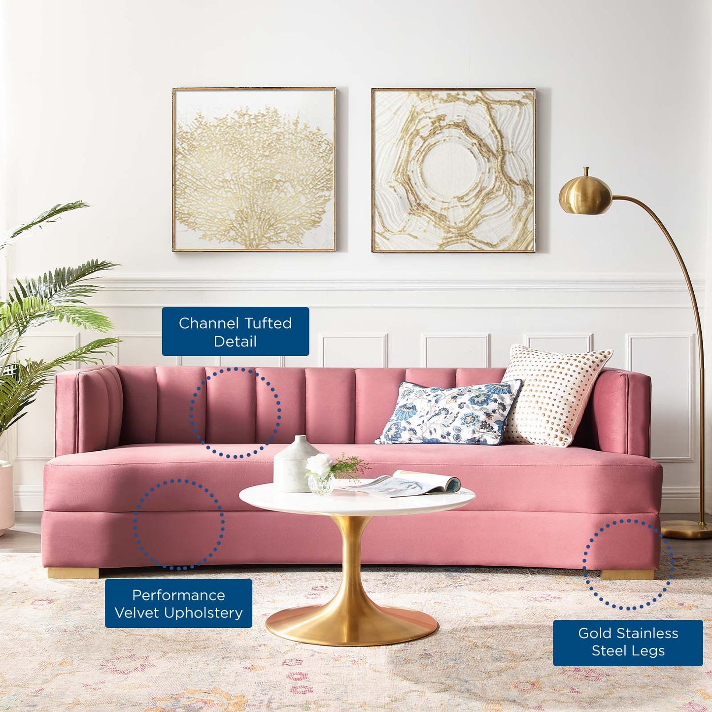 Encompass Channel Tufted Performance Velvet Curved Sofa, Velvet, Pink, 19306