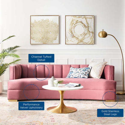 Encompass Channel Tufted Performance Velvet Curved Sofa, Velvet, Pink, 19306
