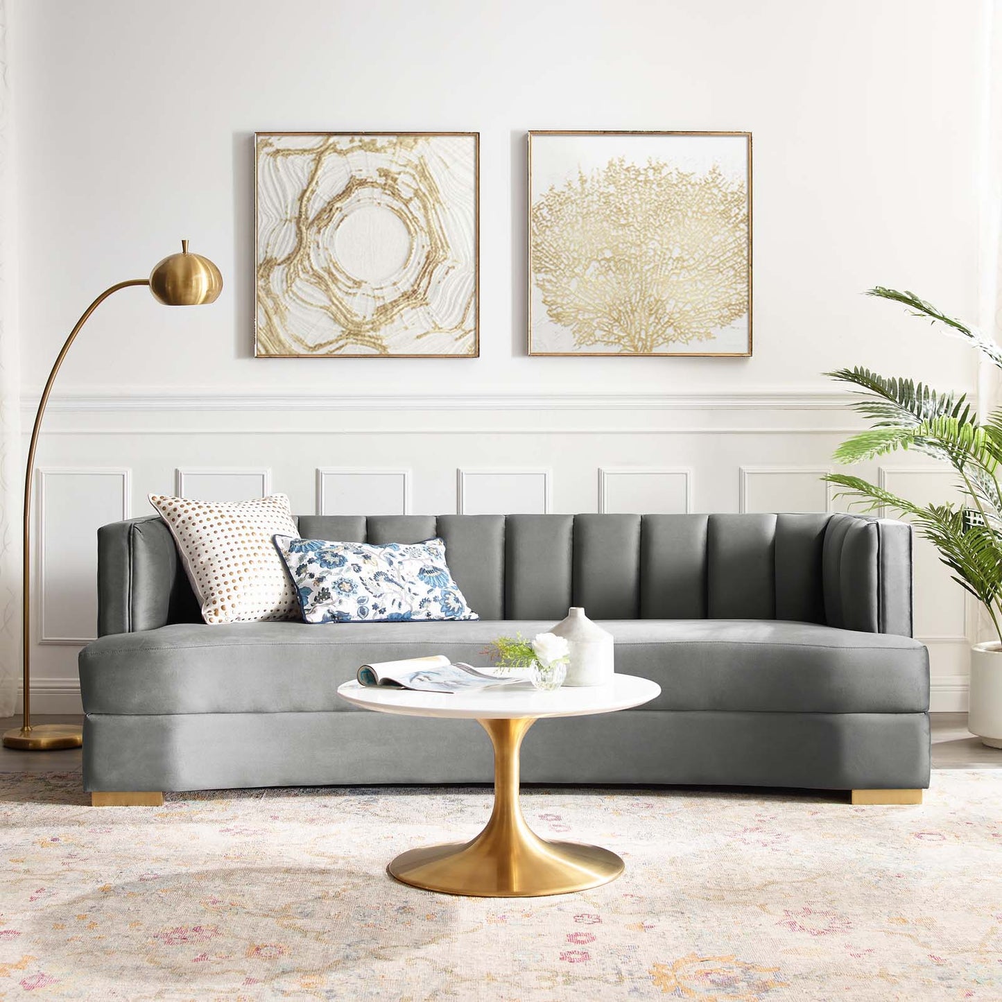 Encompass Channel Tufted Performance Velvet Curved Sofa, Velvet, Grey Gray, 19307