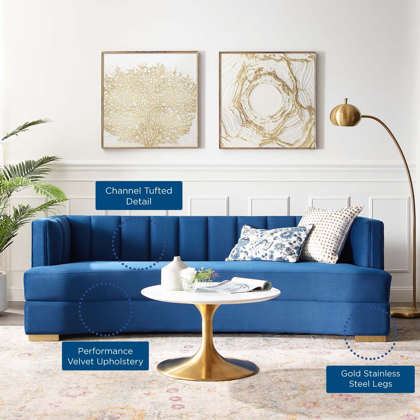 Encompass Channel Tufted Performance Velvet Curved Sofa, Velvet, Blue Navy, 19308