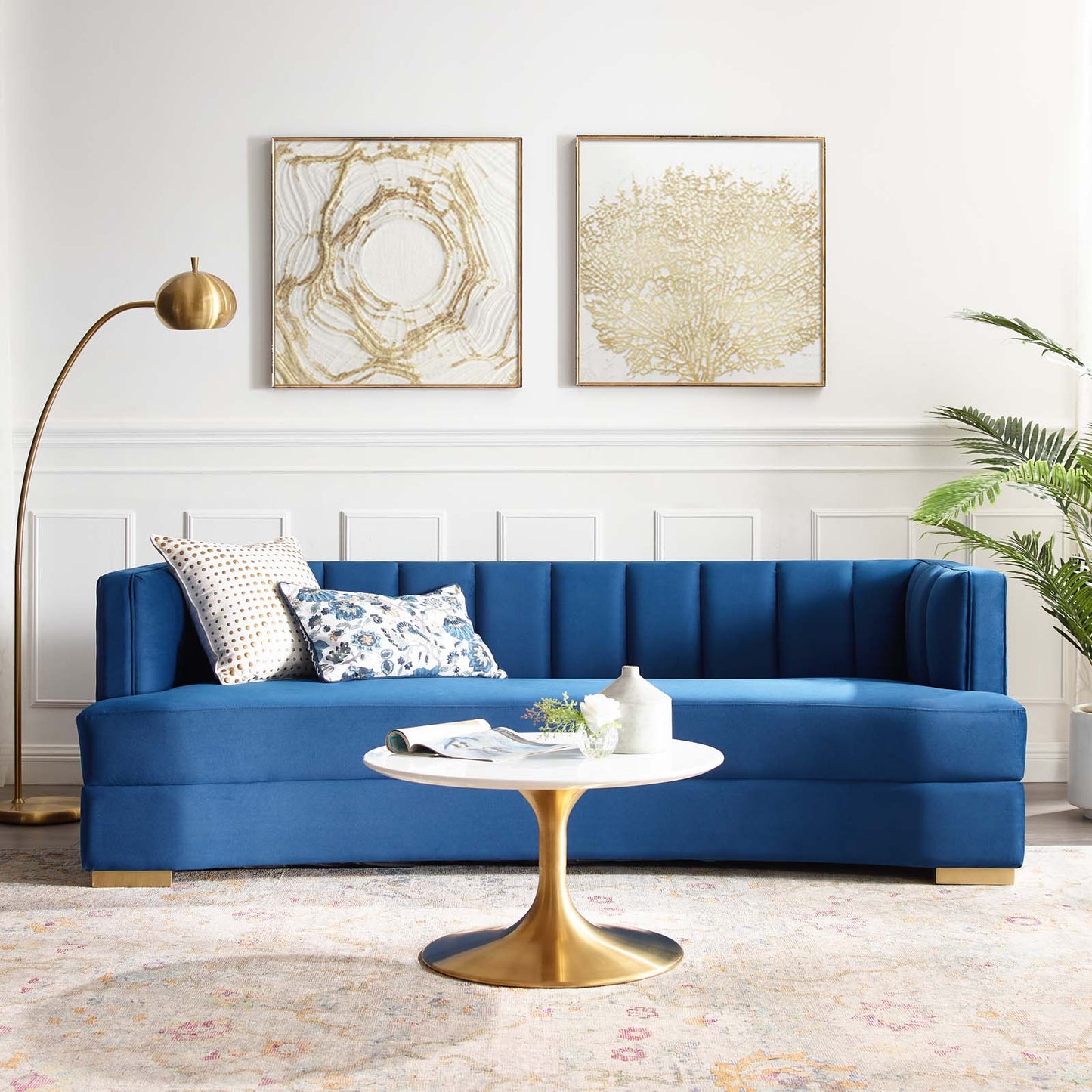 Encompass Channel Tufted Performance Velvet Curved Sofa, Velvet, Blue Navy, 19308
