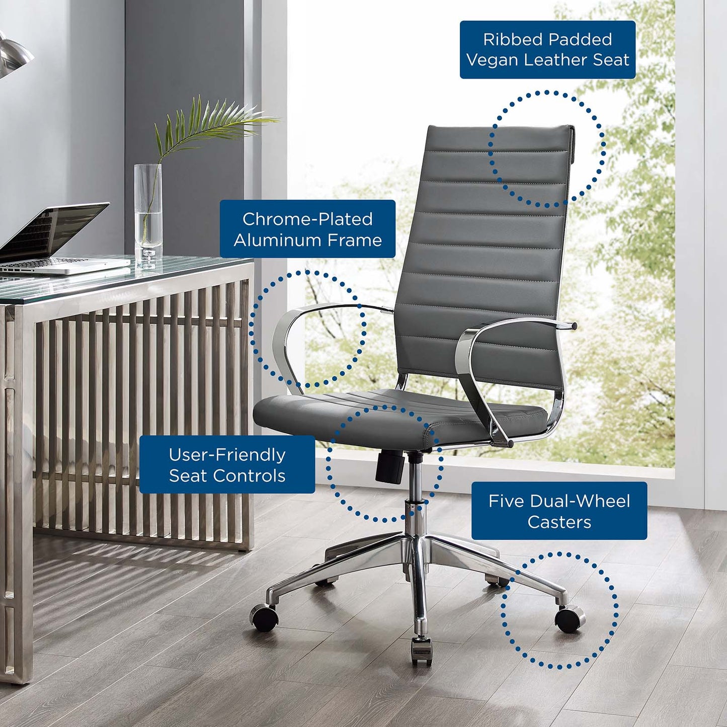 Jive Highback Office Chair, Faux Leather, Grey Gray, 19312