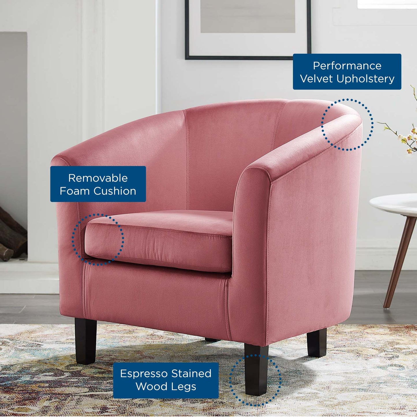 Prospect Performance Velvet Armchair, Velvet, Pink, 19326