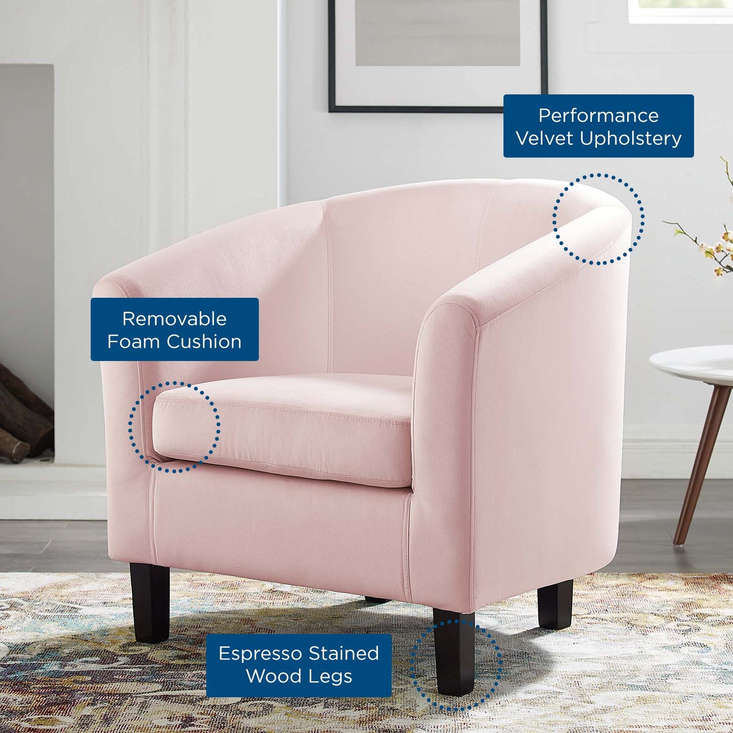Prospect Performance Velvet Armchair, Velvet, Pink, 19330