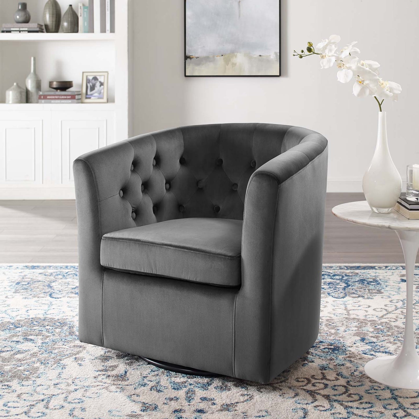 Prospect Tufted Performance Velvet Swivel Armchair, Velvet, Dark Grey Gray, 19332