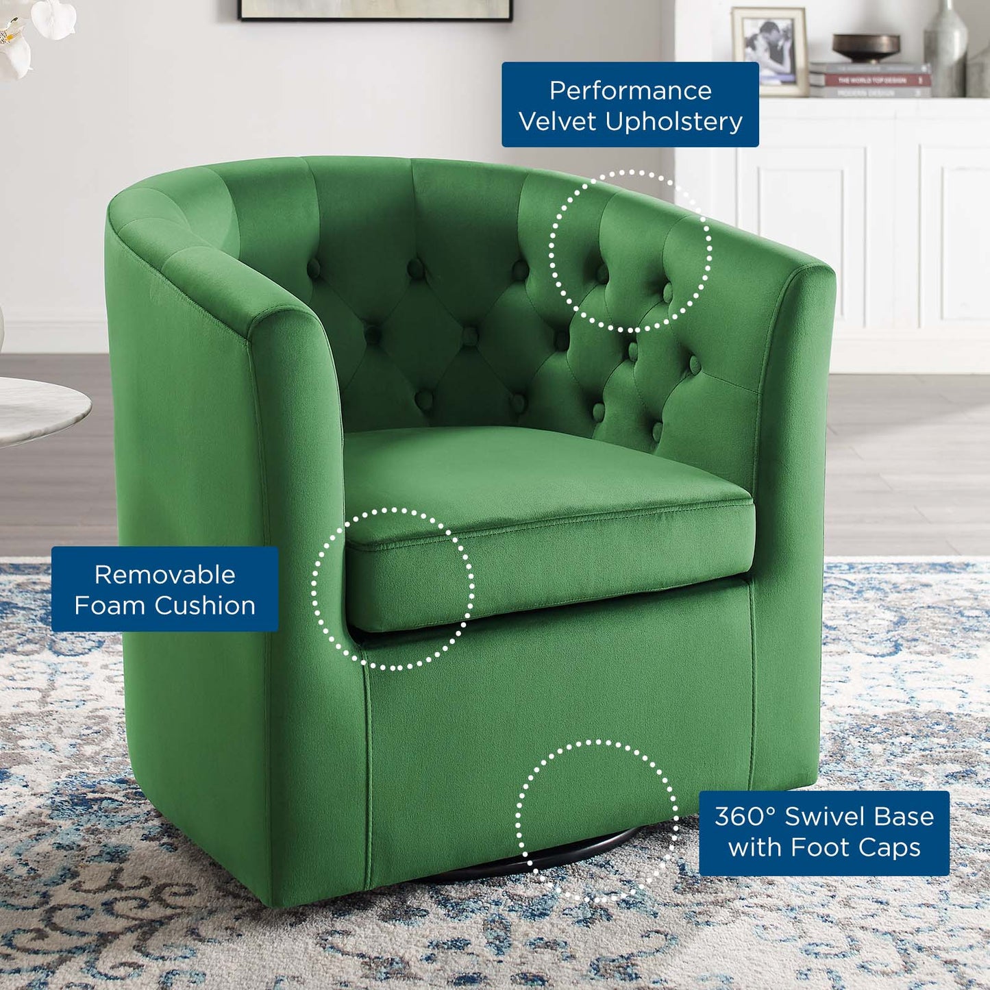 Prospect Tufted Performance Velvet Swivel Armchair, Velvet, Green, 19334