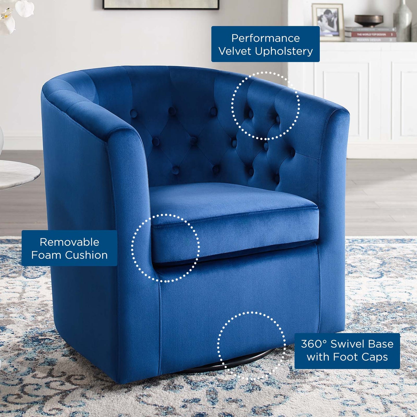 Prospect Tufted Performance Velvet Swivel Armchair, Velvet, Blue Navy, 19336