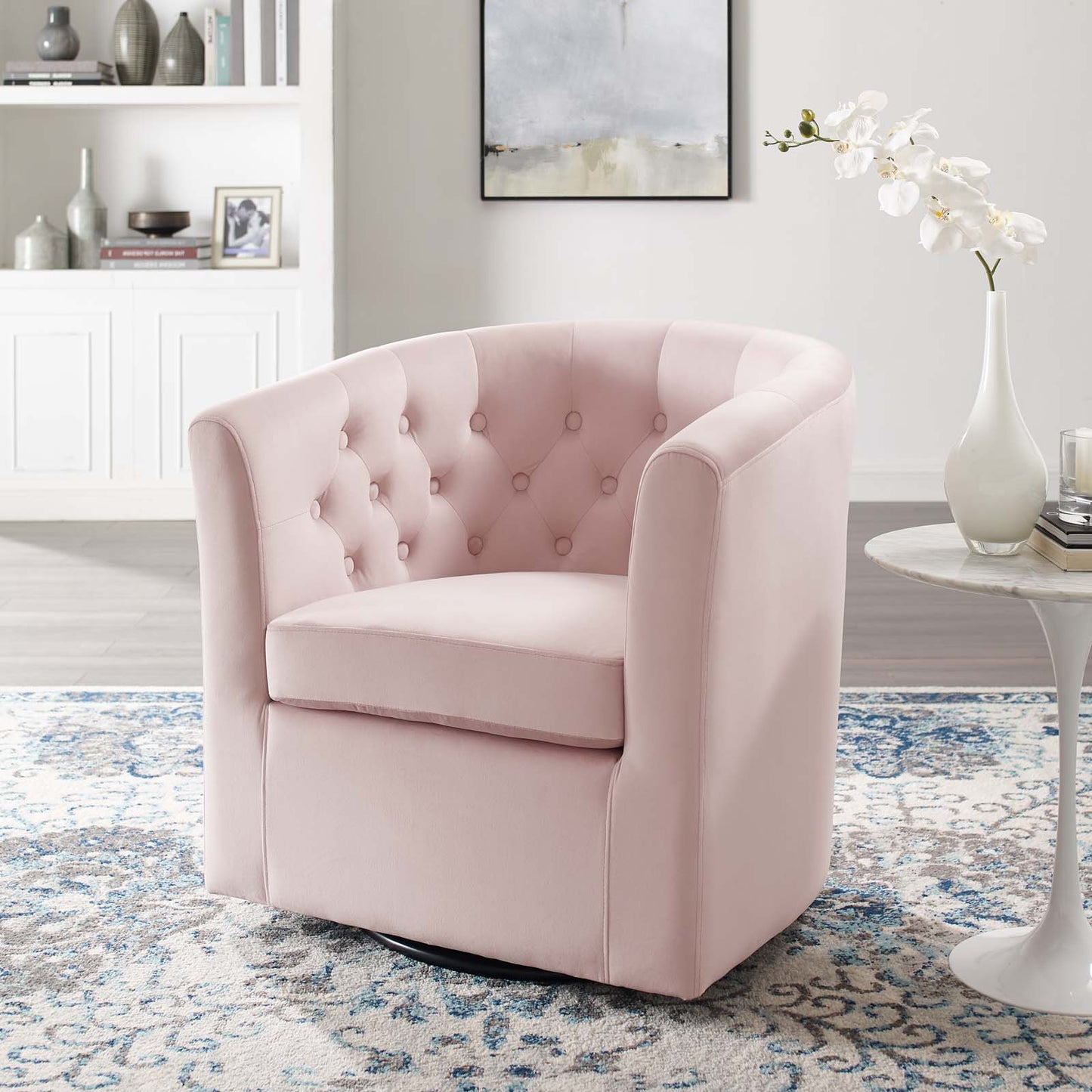 Prospect Tufted Performance Velvet Swivel Armchair, Velvet, Pink, 19337