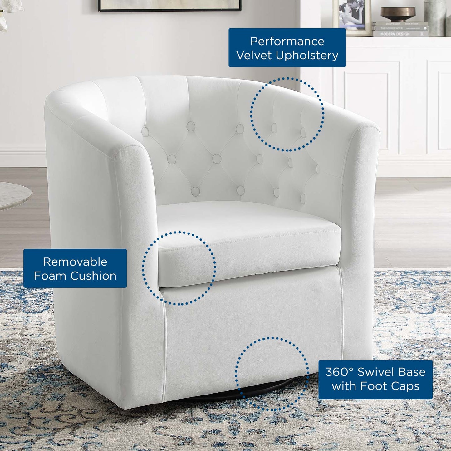 Prospect Tufted Performance Velvet Swivel Armchair, Velvet, White, 19338