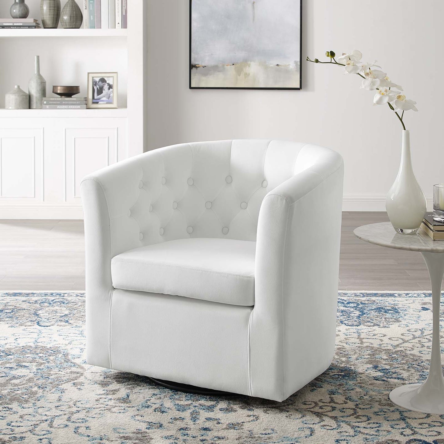 Prospect Tufted Performance Velvet Swivel Armchair, Velvet, White, 19338