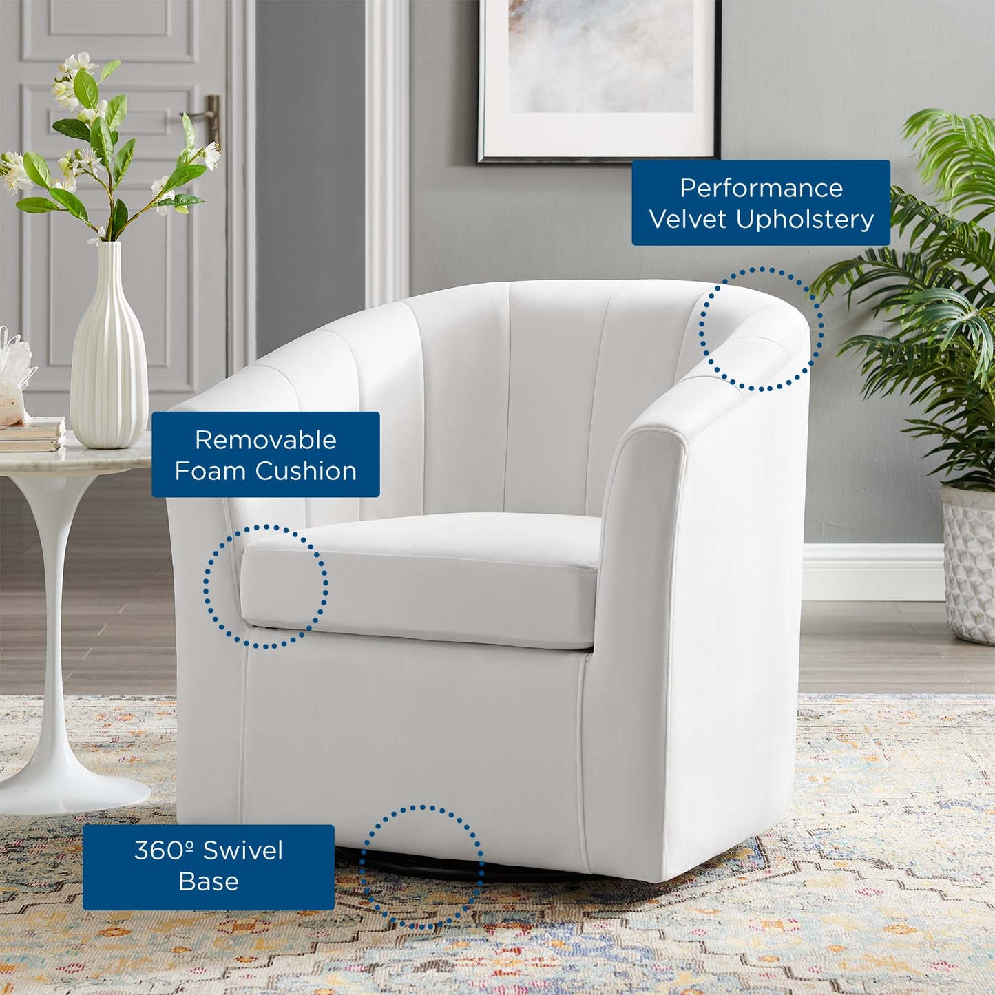 Prospect Performance Velvet Swivel Armchair, Velvet, White, 19345