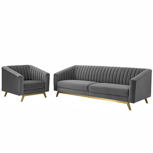 Valiant Vertical Channel Tufted Performance Velvet Sofa and Armchair Set, Velvet, Grey Gray, 19346