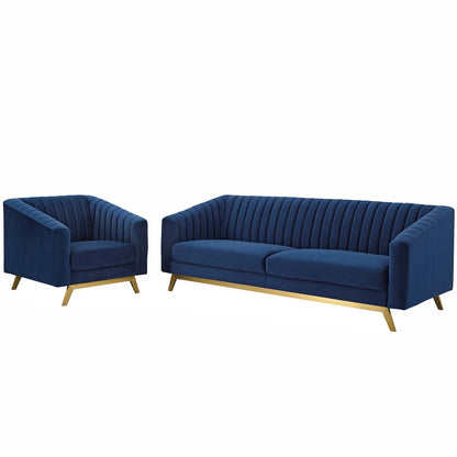 Valiant Vertical Channel Tufted Performance Velvet Sofa and Armchair Set, Velvet, Blue Navy, 19347