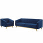Valiant Vertical Channel Tufted Performance Velvet Sofa and Armchair Set, Velvet, Blue Navy, 19347