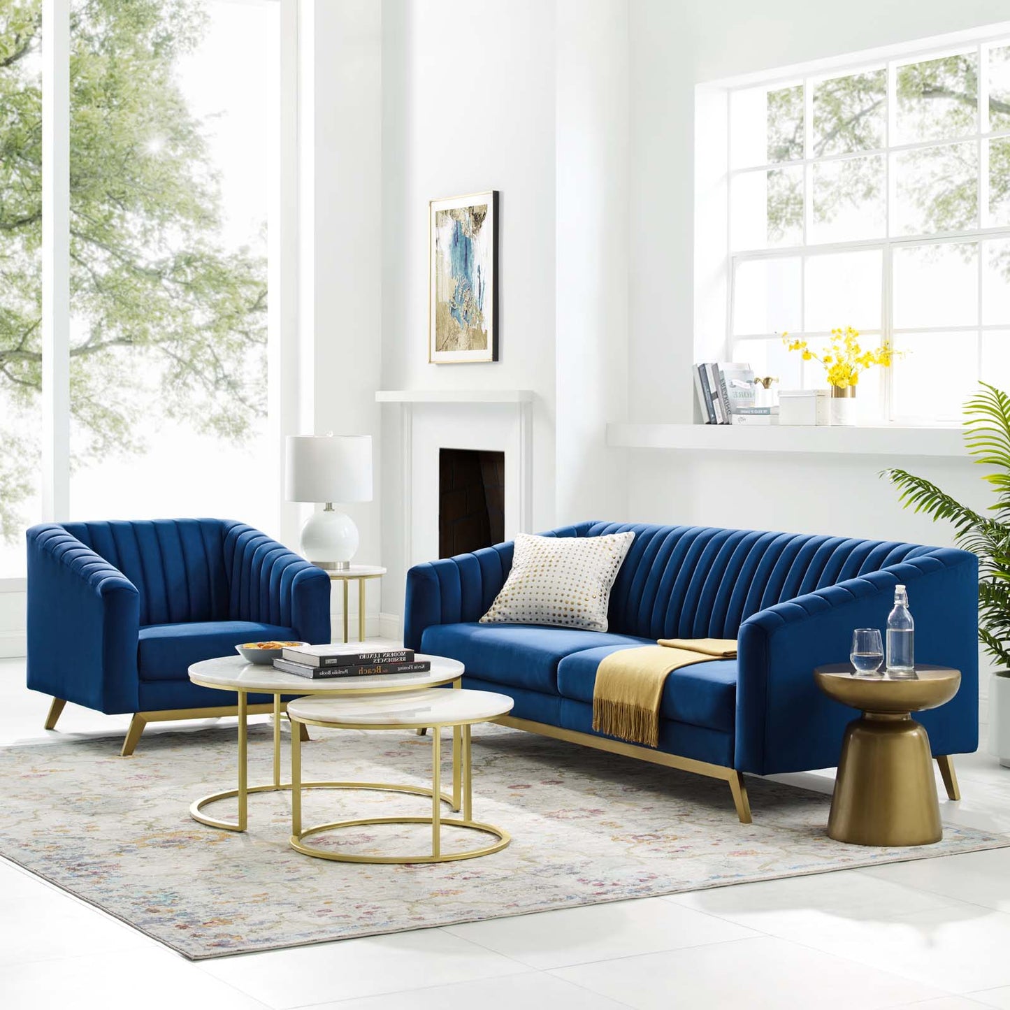 Valiant Vertical Channel Tufted Performance Velvet Sofa and Armchair Set, Velvet, Blue Navy, 19347