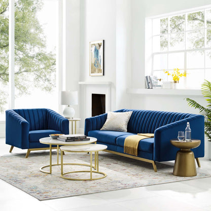Valiant Vertical Channel Tufted Performance Velvet Sofa and Armchair Set, Velvet, Blue Navy, 19347