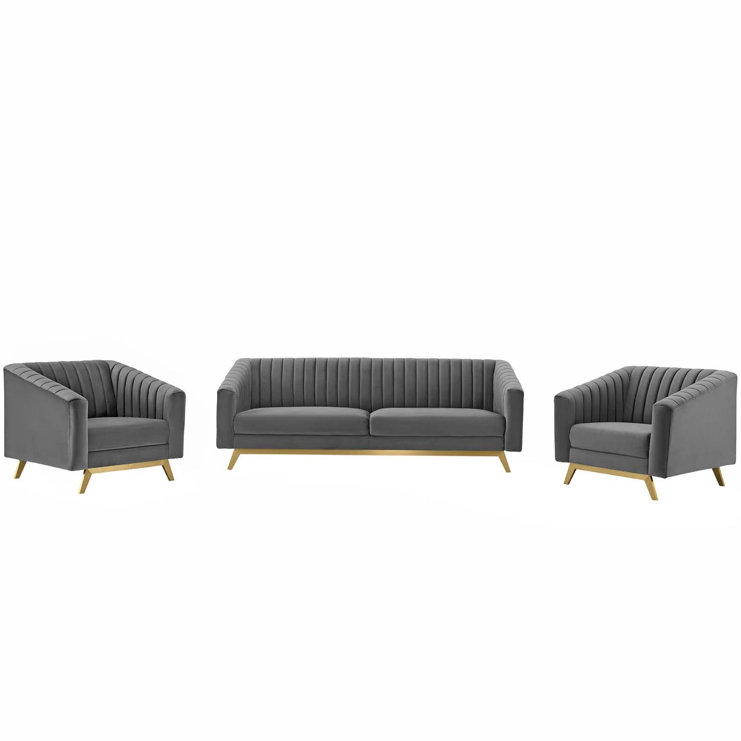 Valiant Vertical Channel Tufted Upholstered Performance Velvet 3 Piece Set, Velvet, Grey Gray, 19348