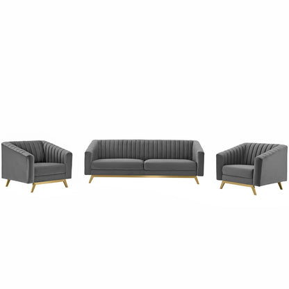 Valiant Vertical Channel Tufted Upholstered Performance Velvet 3 Piece Set, Velvet, Grey Gray, 19348