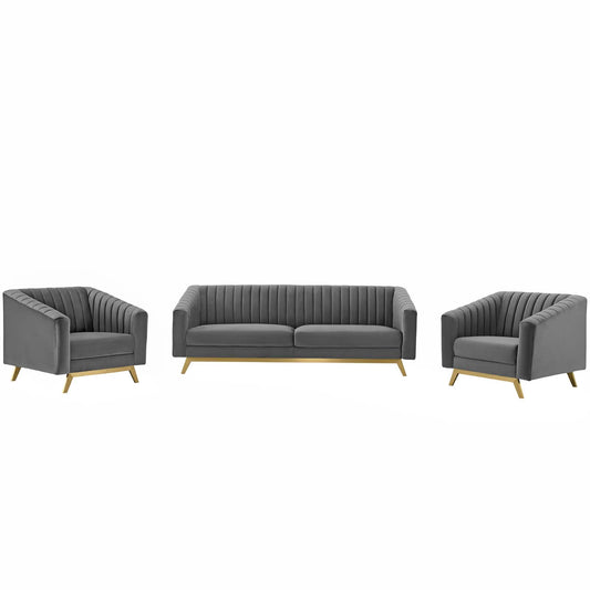 Valiant Vertical Channel Tufted Upholstered Performance Velvet 3 Piece Set, Velvet, Grey Gray, 19348